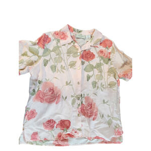 Lemon Grass sz Large floral blouse linen blend button up short sleeve Garden